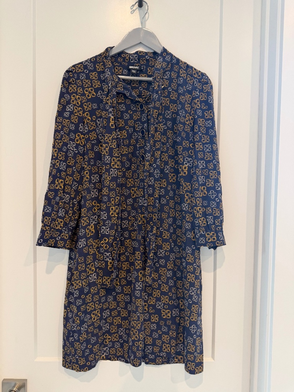 DKNY Navy Blue and Gold Silk Dress with Tie Neck Size 10